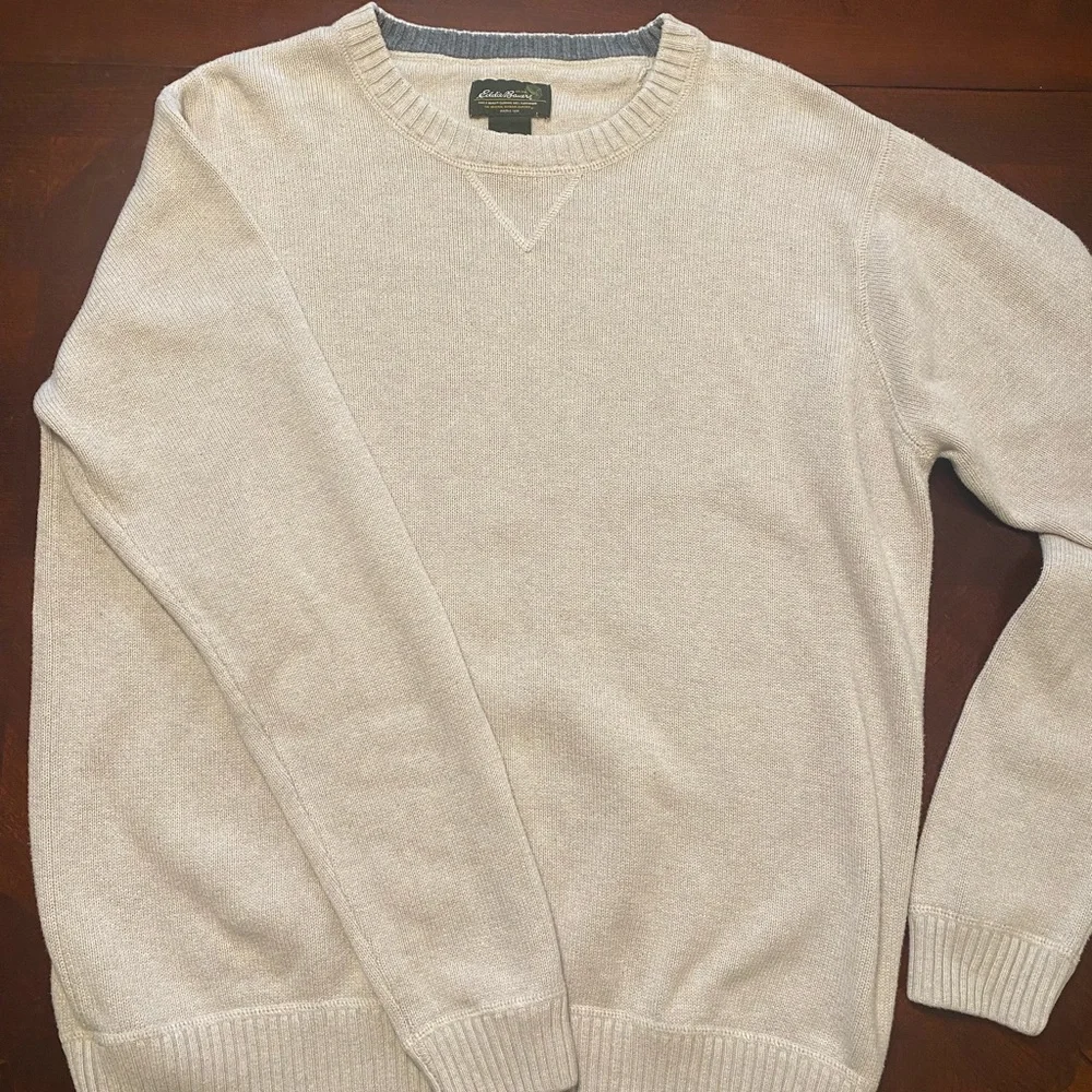 Eddie Bauer Cream Crewneck Sweater Classic Knit 100% Cotton - Picture 2 of 7